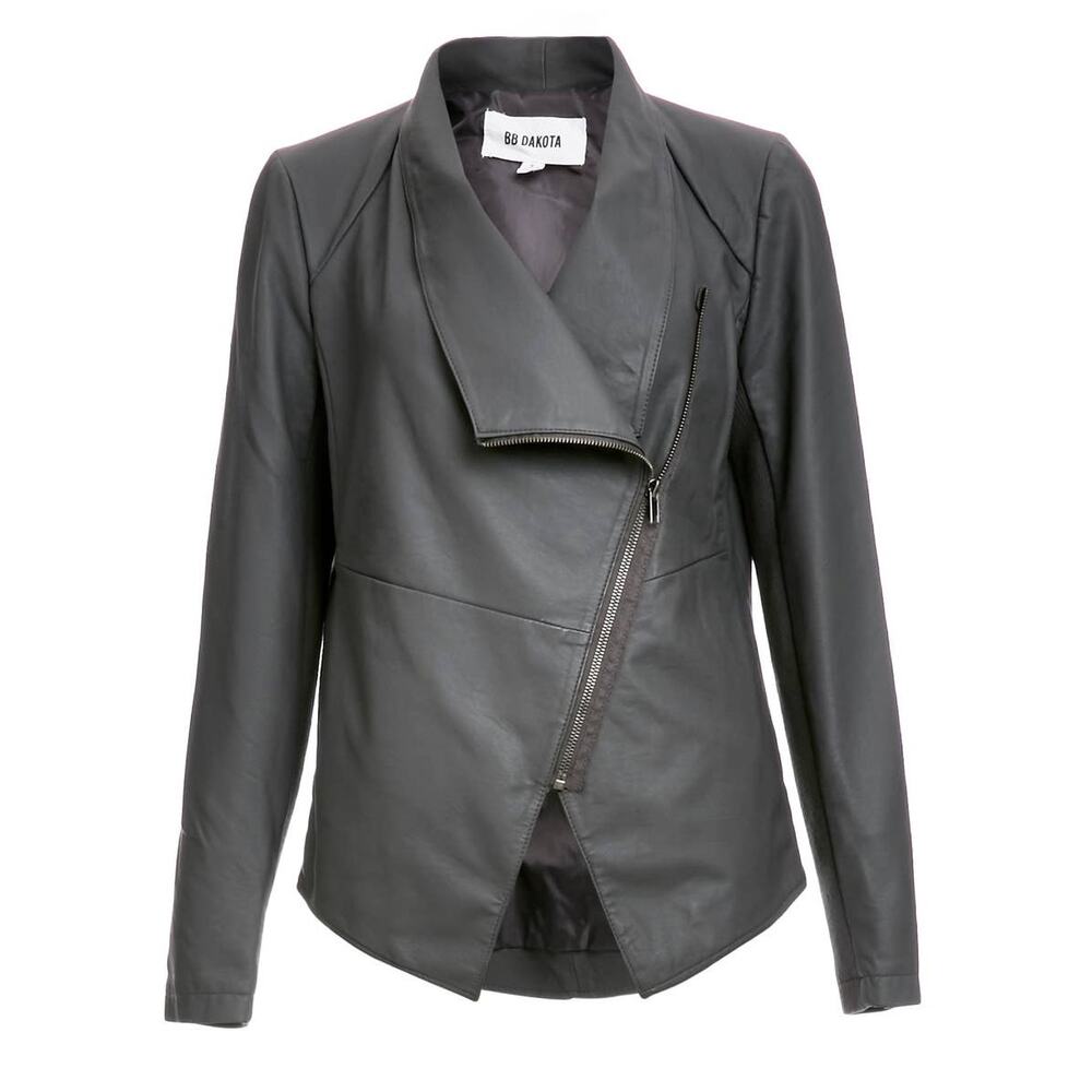 NWT BB Dakota Women's Lander Vegan Leather‎ Gray Jacket XS Knit Undersleeve $104